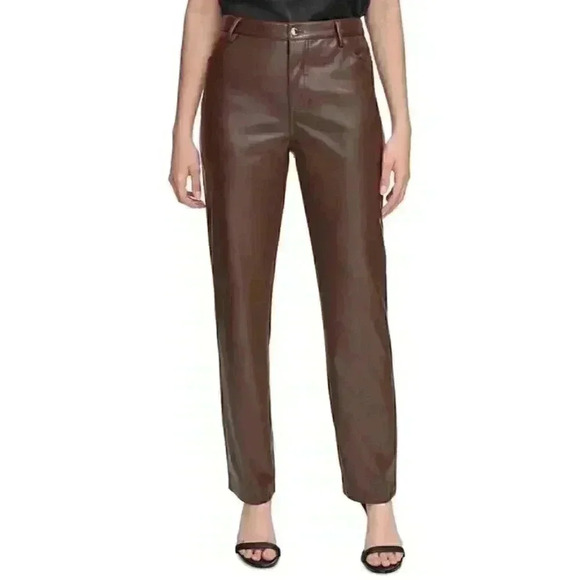 NEW! Calvin Klein Women's 14 Faux-Leather Straight Leg Pants NWT $89.50 - Picture 1 of 2